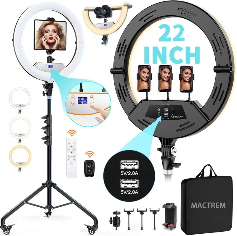 MACTREM 22" Foldable Ring Light with Stand for iPhone ipad, 75" Tripod with Wheels 50W 6500K LED Display/2 USB Ports Large Ringlight Rolling, Tattoo Barber Makeup Studio Video Photography Lighting - Image 1